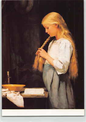 Künstlerkarte Albert Anker Mädchen, die Haare flechtend 1887 Reiter Kunstverlag