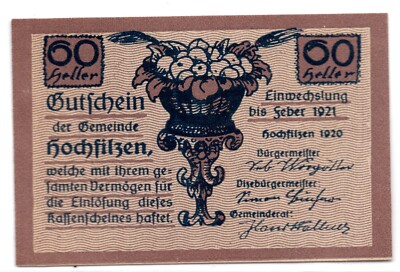 1920 Austria Hochfilzen Notgeld 60 Heller Note (NG1355)
