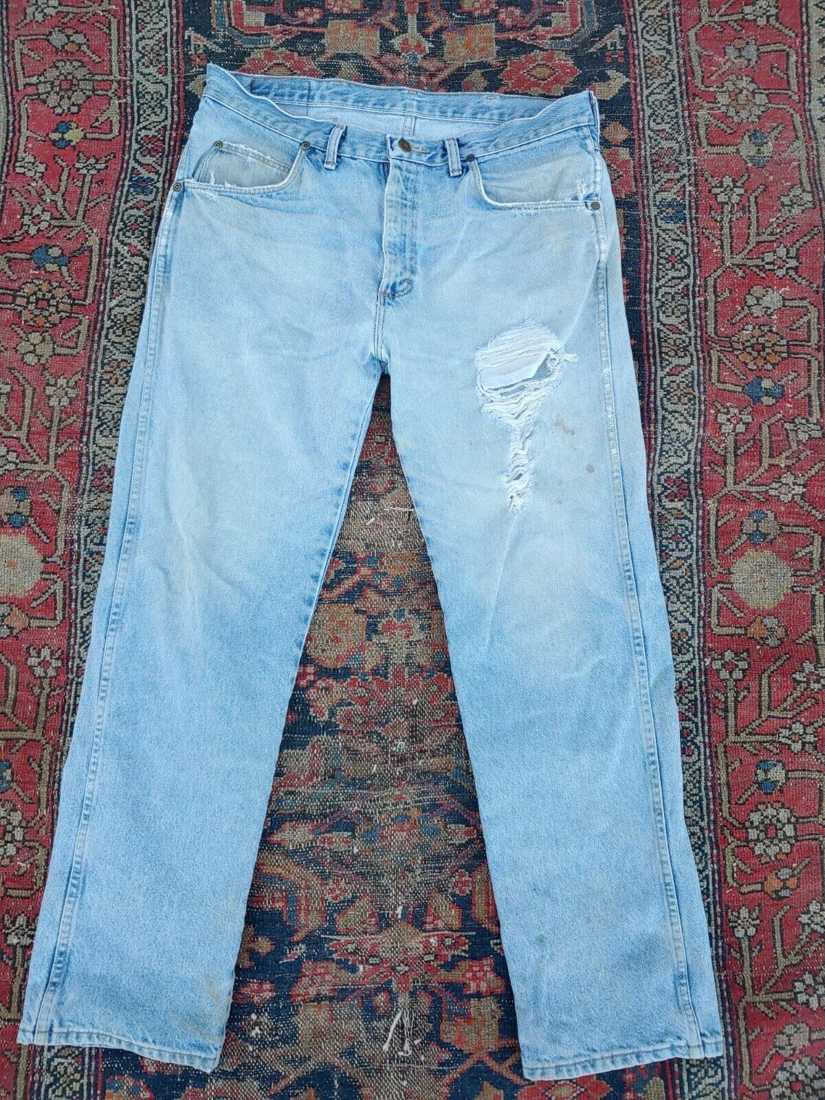 Vintage 1990s Wrangler Worn Out Denim Work Blue Jeans 36x29 Holes Thrashed  Wear