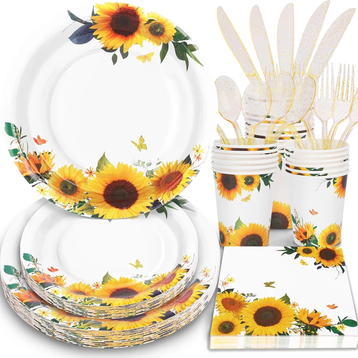 168Pcs Sunflower Plates and Napkins Party Supplies Yellow Paper