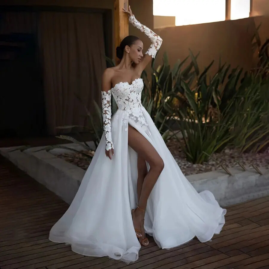 Sexy High Slit Sweetheart Long Sleeves Illusion Backless A-Line Wedding  Dress | eBay