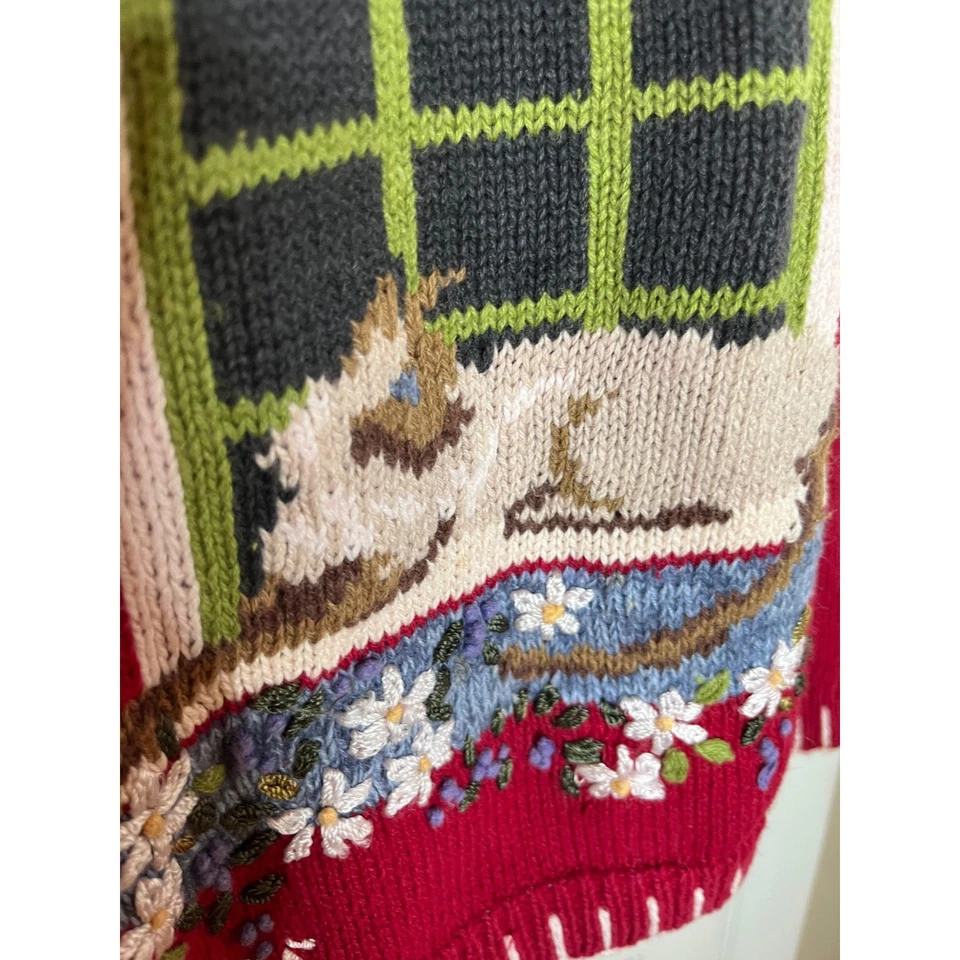 Cardigã suéter bordado vintage herança colecionáveis tricô gato janela cena G - Imagem 4 de 4