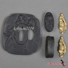 Stainless Steel Tsuba Set Hand Guard Kashira Fuchi Brass Menuki Sword Accessary 