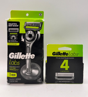 GILLETTE LABS RAZOR HANDLE, RAZOR STAND & 5 REFILLS CARTRIDGES w EXFOLIATING BAR