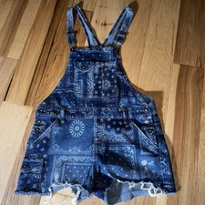 Bandana Patchwork Denim Short Overalls Girls Large 11-13 Adjustable Frayed Hem