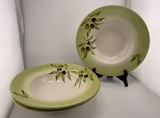 3 Over And Back Large 11” Pasta Bowls Green w/Purple Olives - A7