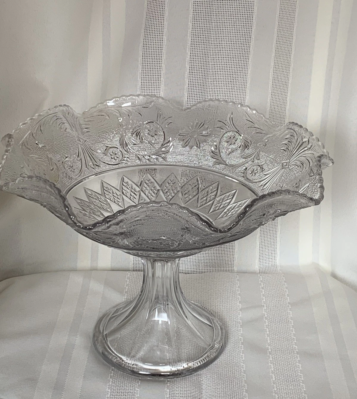 Duncan & Miller Sandwich Clear #41 Scroll Design Crimped Tall Compote