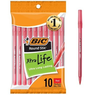 BIC Round Stic Xtra Life Red Ballpoint Pens, Medium 10 Count (Pack of 1),