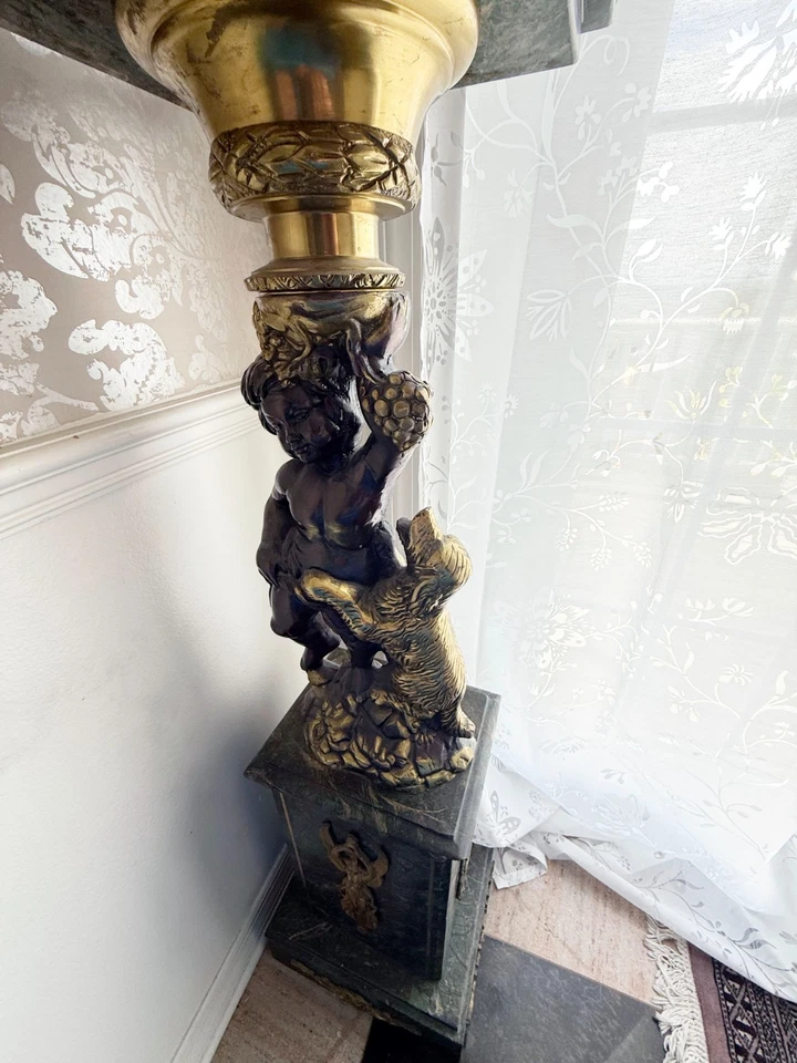 Pair of French Ormolu-Mounted Green Marble Pedestals with Cherub & Dog Figures - Image 4 of 4