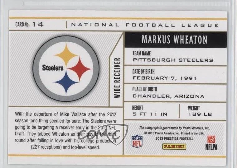 2013 Panini Prestige NFL Draft Tickets Signatures Markus Wheaton Rookie Auto RC - Image 2 of 2