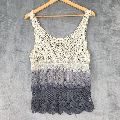 American Eagle Top Large Crochet Open Knit Ombre Boho Indie Tiered Tank Festival