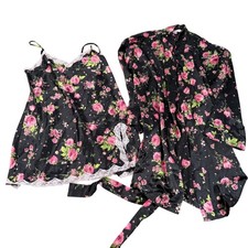 Victoria  s Secret Floral Satin Slip  Robe Set Black Pink Roses Lace Trim Size L