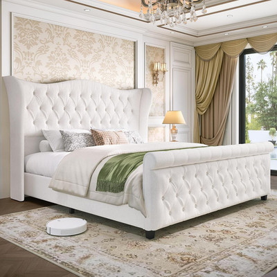 Luxury Chenille Upholstered Queen Bed Frame with Scroll Wingback Headboard