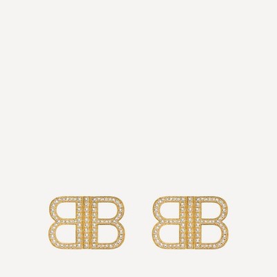 【BALENCIAGA】BB LOGO STUD Balenciaga BB Logo Crystal Gold Tone Stud Earrings, Pavé Crystal