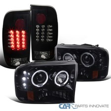 Fit 99-04 F250 F350 SuperDuty LED Halo Smoke Projector Headlights+LED Tail Lamps