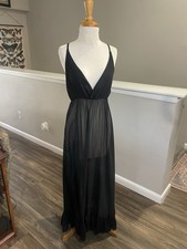 Vintage Sheer Black Maxi Slip Dress Nightgown Deep V Spaghetti Strap L