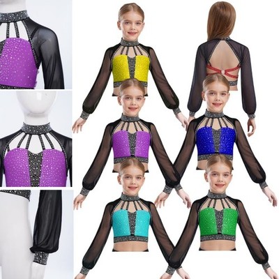 Kinder Mädchen Hemden Glänzende Strass Crop Top Farbe Block Weste Strappy Jazz