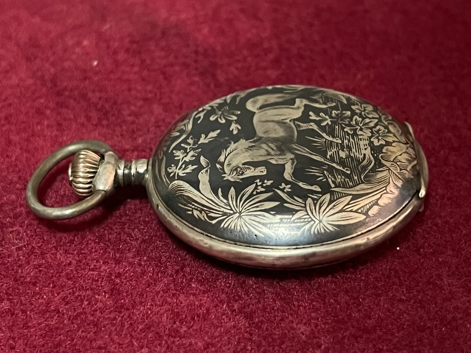 19th Remontoir Cylindre 10 Rubis Silver Niello Double Hunter Pocket Watch Horse - Image 4 of 4