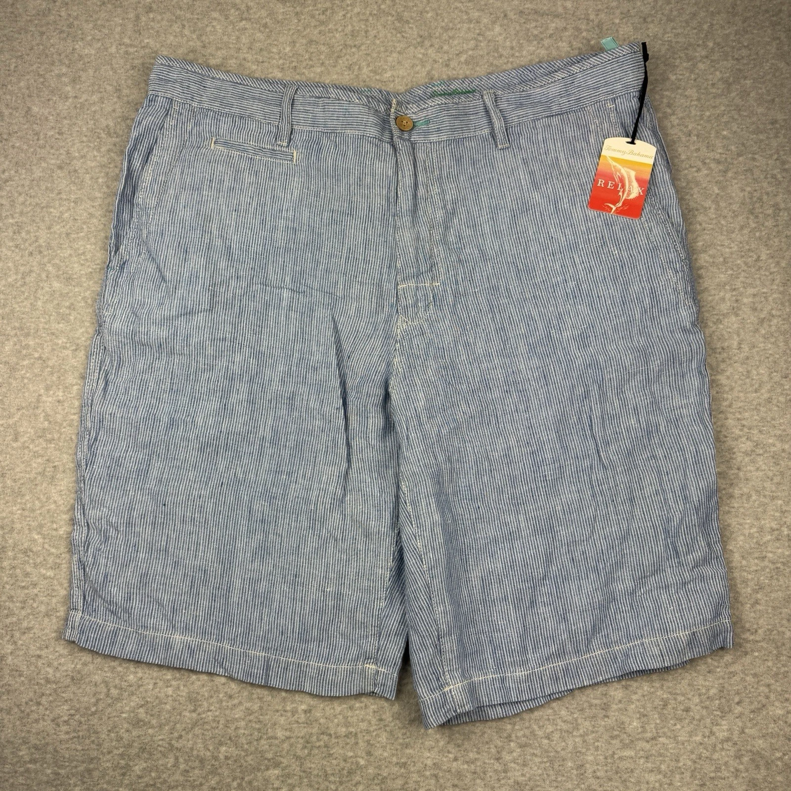 Tommy Bahama Shorts Mens 38 Blue Striped Linen Flat Front Relaxed Fit Chino