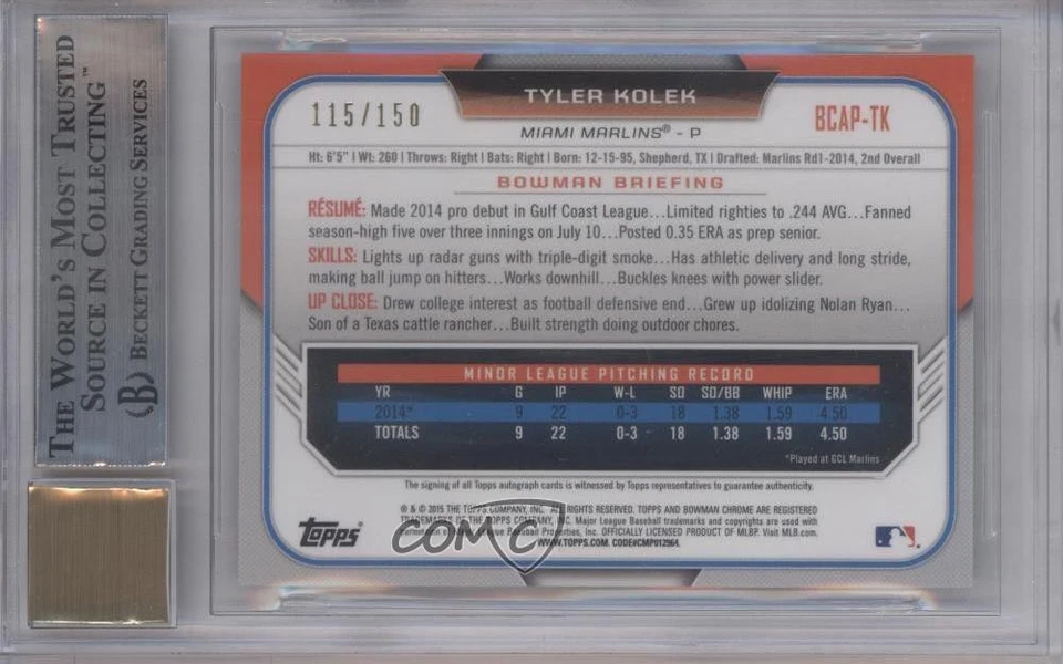 2015 Bowman Chrome Prospects Blue Refractor /150 Tyler Kolek BGS 9 MINT Auto - Image 2 of 2