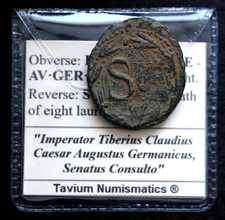 VF Claudius Assarius 54AD Antioch Genuine Roman Coin & Coin Wallet