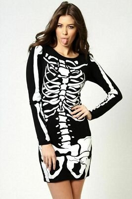 LADIES WOMENS HALLOWEEN BLACK SKELETON BONES PRINT LEOTARD STRETCH