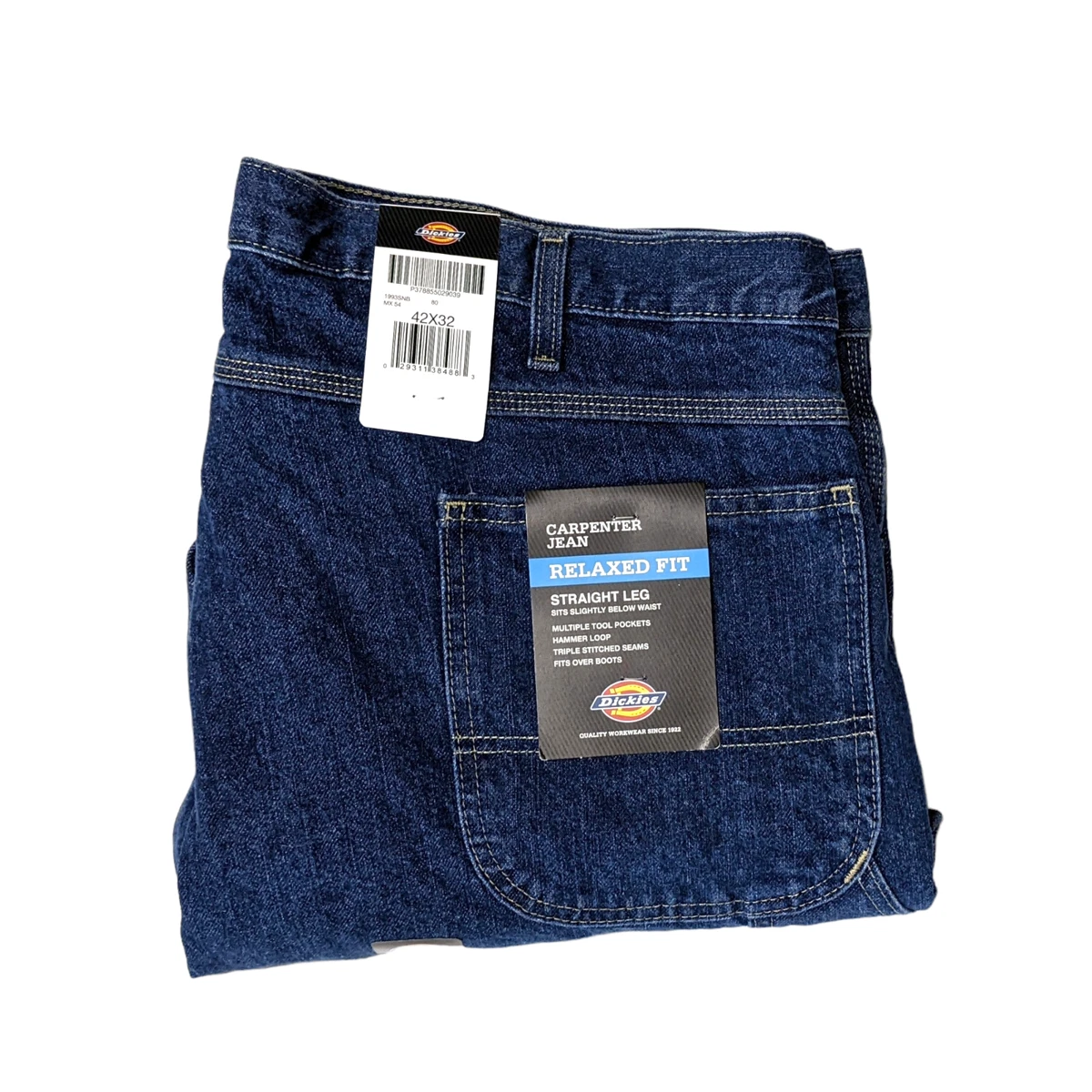Dickies Relaxed Fit Carpenter Jeans Mens 42x32 Blue Denim Utility Work Pants NWT