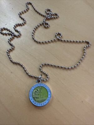 surfing pendant ST CHRISTOPHER Protect ME blue green MEDALLION coin 3/4'' shallow
