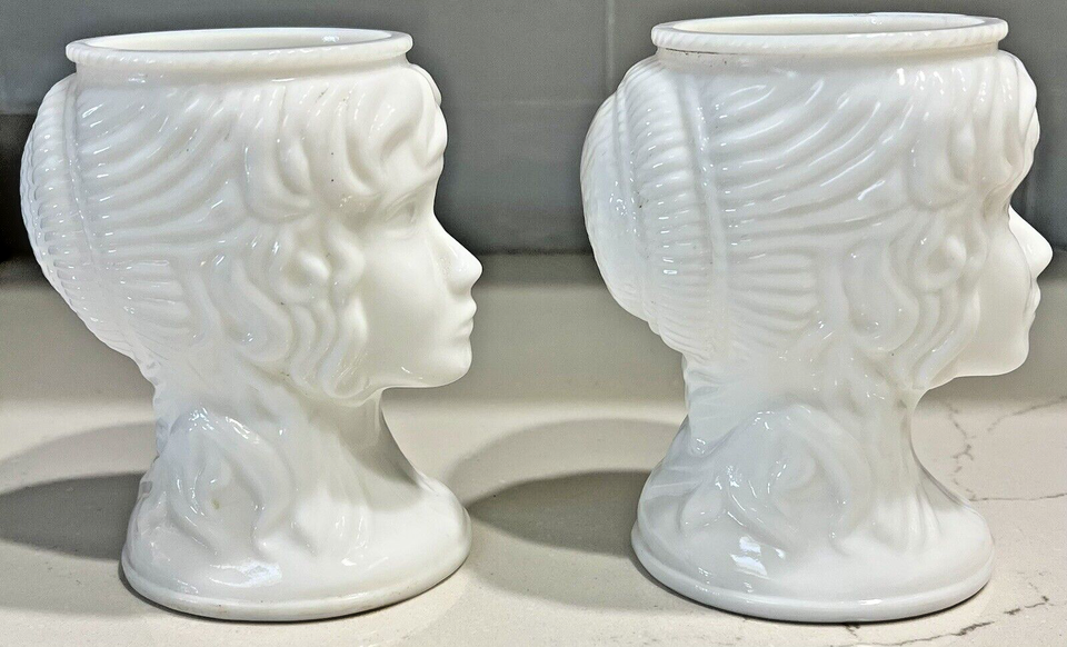 x2 Vtg 3D Milk Glass Head Vase Lady Woman 5" Hair in Bun Art Nouveau Planter eBay
