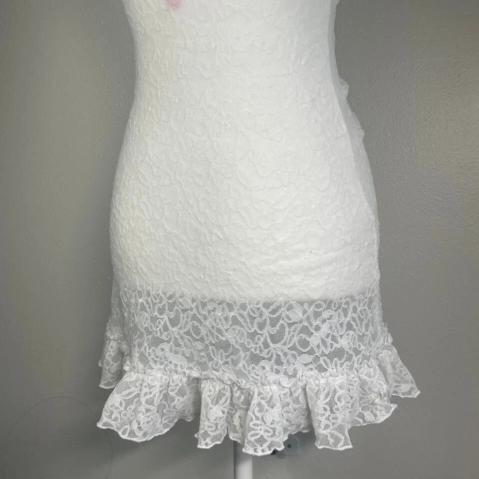 UNDERCOVER Victorias Secret Y2K "The Lacie" bianco pizzo slip lingerie mini abito orlo arricciato