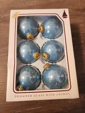 Christmas By Krebs Set Of 6 Designer Glass Kristen Blue Ornaments