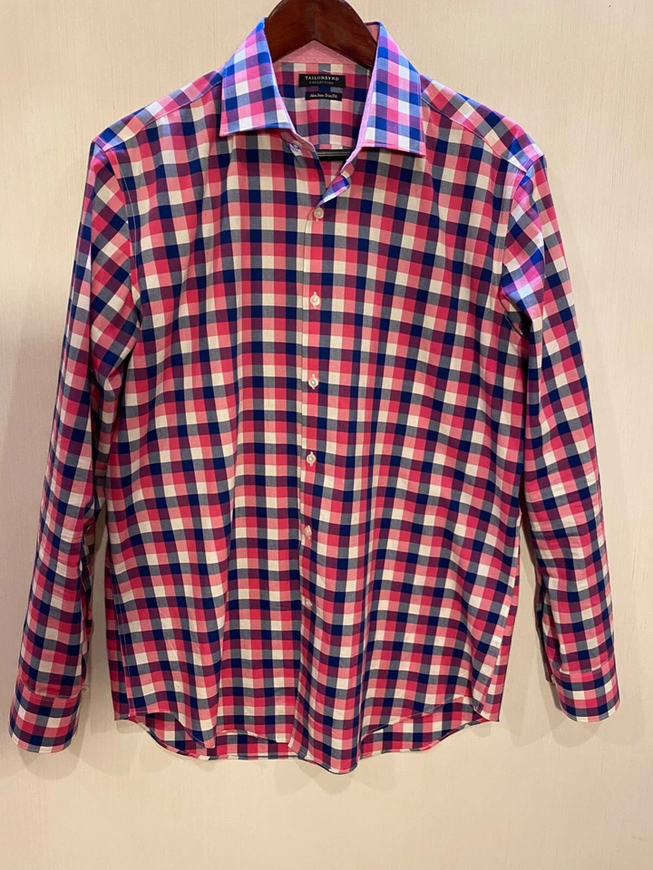 Camisa de vestir Tailorbyrd de algodón para hombre 16-34/35 ajuste a cuadros ribete en contraste Foto 2 de 4