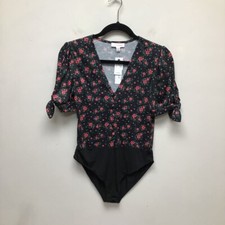 Topshop Womens Bodysuit Black Floral Short Sleeve Puff V Neck Stretch 4-6 New
