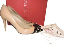 Valentino Garavani Pumps Rockstud Beige Leather Heels Shoes Sz 37.5