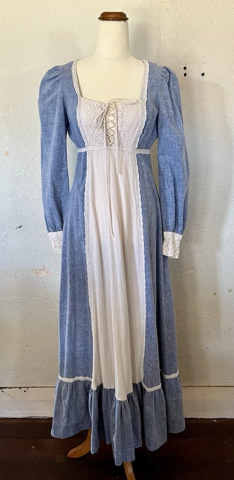 Maxi Vestido de Boda Gunne Sax Vintage Años 60 Boho Hippie Azul Pequeño/Mediano Foto 3 de 4