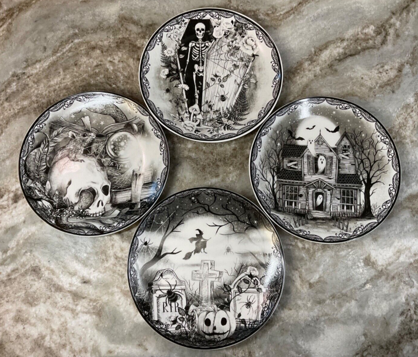 Haunted House Halloween Plates Witch Skeletons Ghost Set/4 E