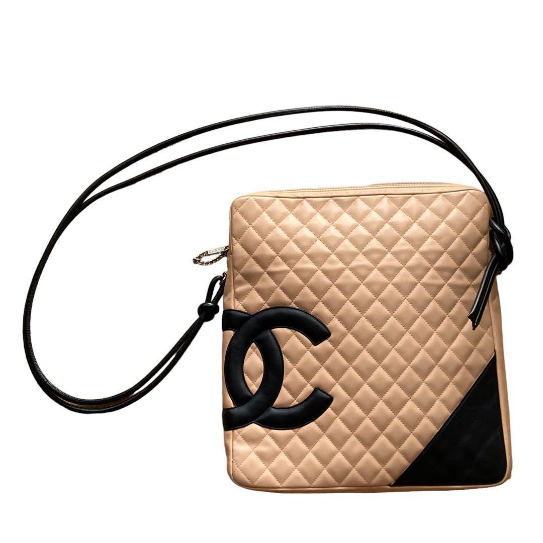 Authentic CHANEL Cambon Line Leather Shoulder Bag Beige Large Used 