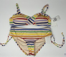 NWT Gibson Latimer Women Two Piece Bikini Swimwear Rainbow Striped Twist S M