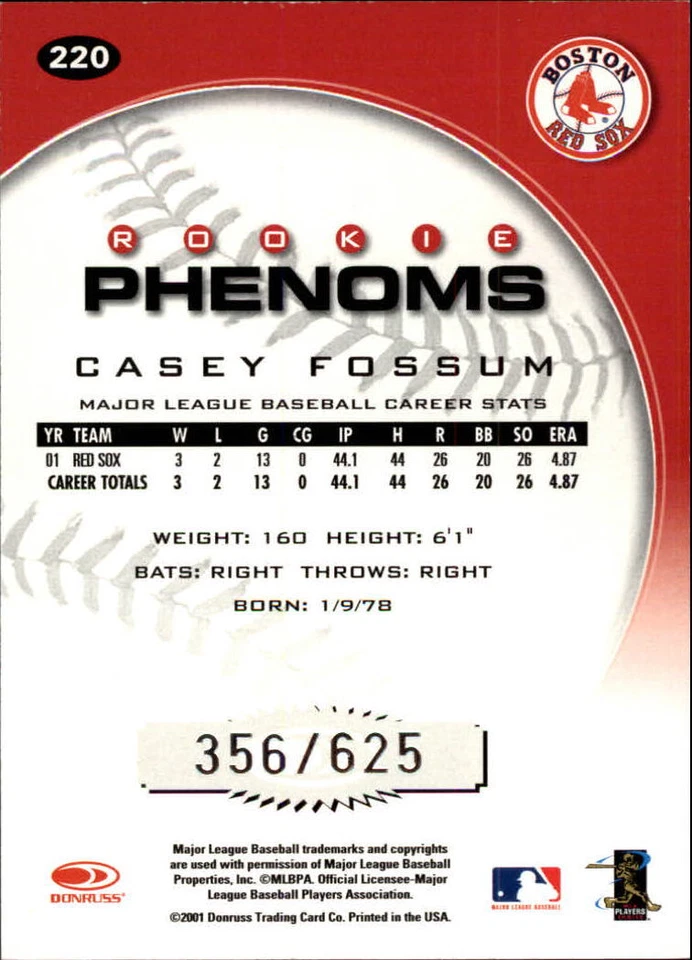 2001 Donruss Class of 2001 #220 Casey Fossum PH/425 RC - NM-MT - Image 2 of 2