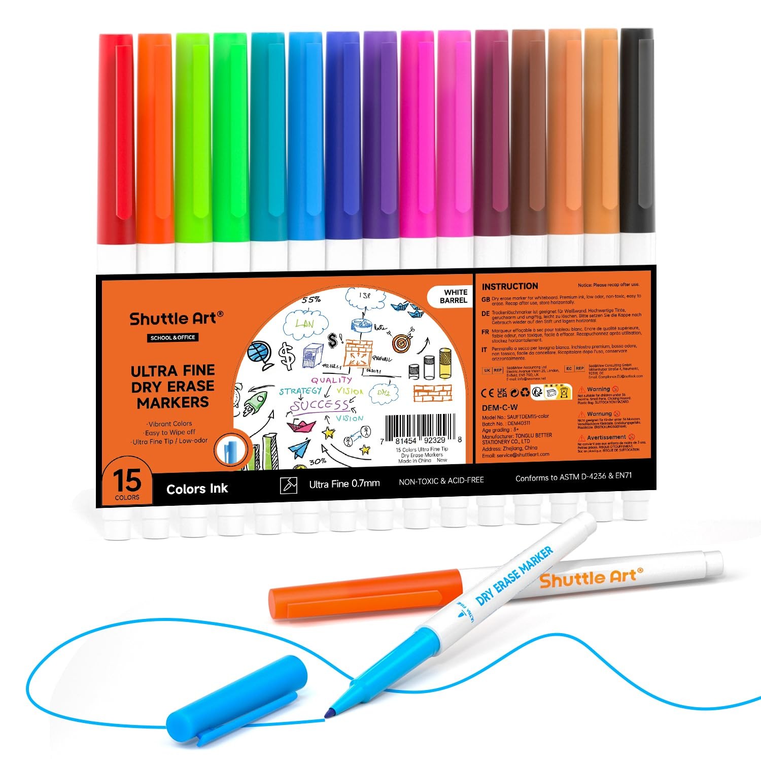 Shuttle Art Ultra Fine Tip Whiteboard 1 count (Pack of 15), multicoloured