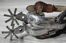 Vintage Mexican Charro Style Spurs. Handmade Engraved with Leather Straps.