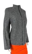 $3.5K Akris Tweed Wool Silk Blazer Jacket Coat  16 US 52 IT 46 D 1X Leather Trim