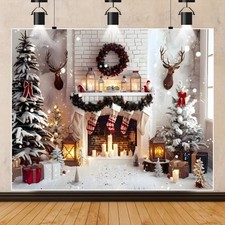 Christmas White Tree Fireplace Socks Photo Backdrop for Xmas Party 10x8ft