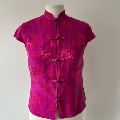 Monsoon Seidenmischung Top Mandarinkragen UK 8 rosa orientalisch Froschverschluss Bluse