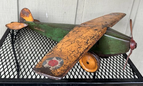 Large Antique STEELCRAFT NX107ARMY SCOUT PLANE Pressed SteelToy Airplane 22"