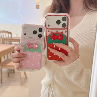 3D Sparkle Bow Strawberry Foldable Stand Case for iPhone 17Pro Max/16/15/14/13