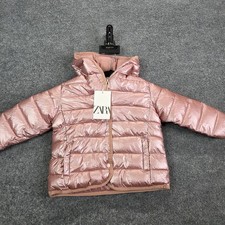NEW Zara Girls Button Up Metallic Quilted Hooded Puffer Jacket Coats 2-3 YR