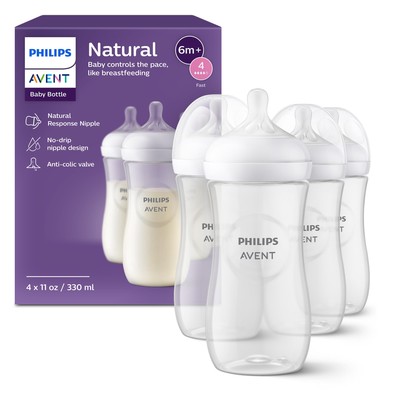 Philips Avent Natural Baby Bottles 11oz 4 Count Fast Flow Anti-Colic Nipple