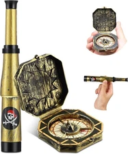 2 Pcs Pirate Telescope and Compass for Kids Adults Retro Mini Plastic Toy for Pi