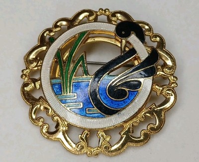 RARE Vintage Art Nouveau Guilloche Enameled &Gold Plated Black Swan Pond Brooch 